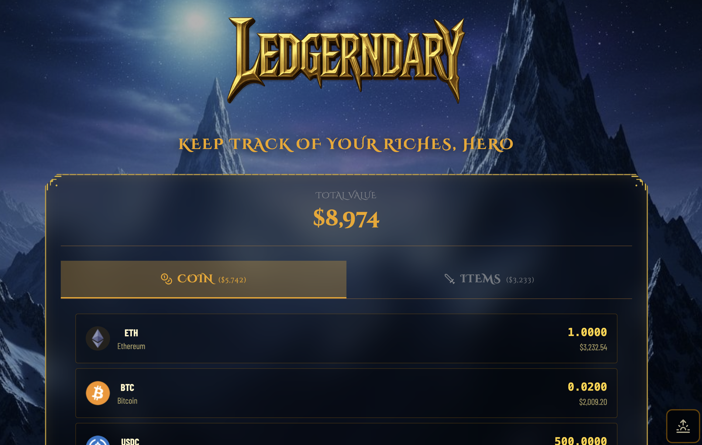 Ledgerndary fantasy-themed crypto portfolio tracker interface