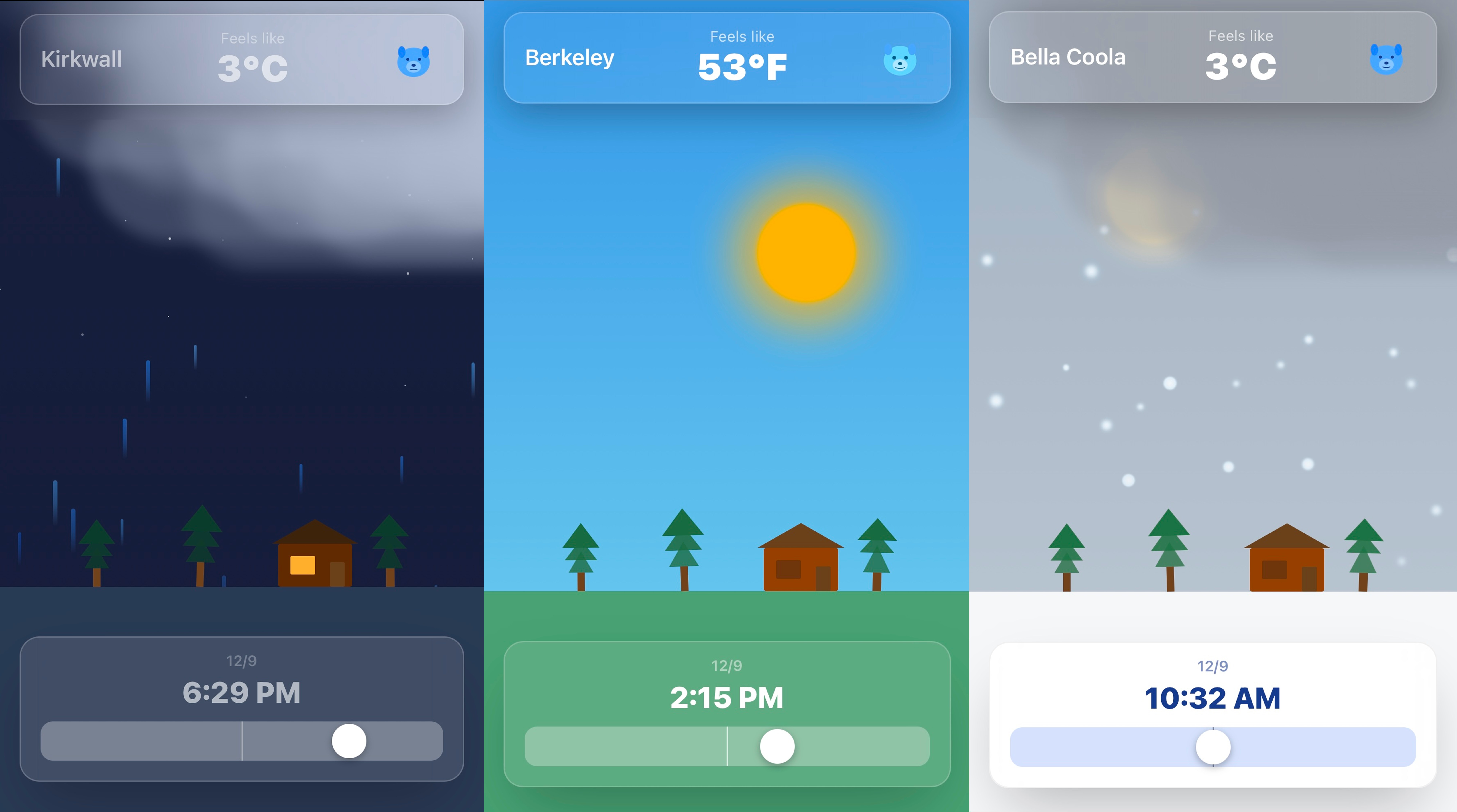 Ultra Simple Weather Vibes app showing four different locations with charming illustrated weather scenes